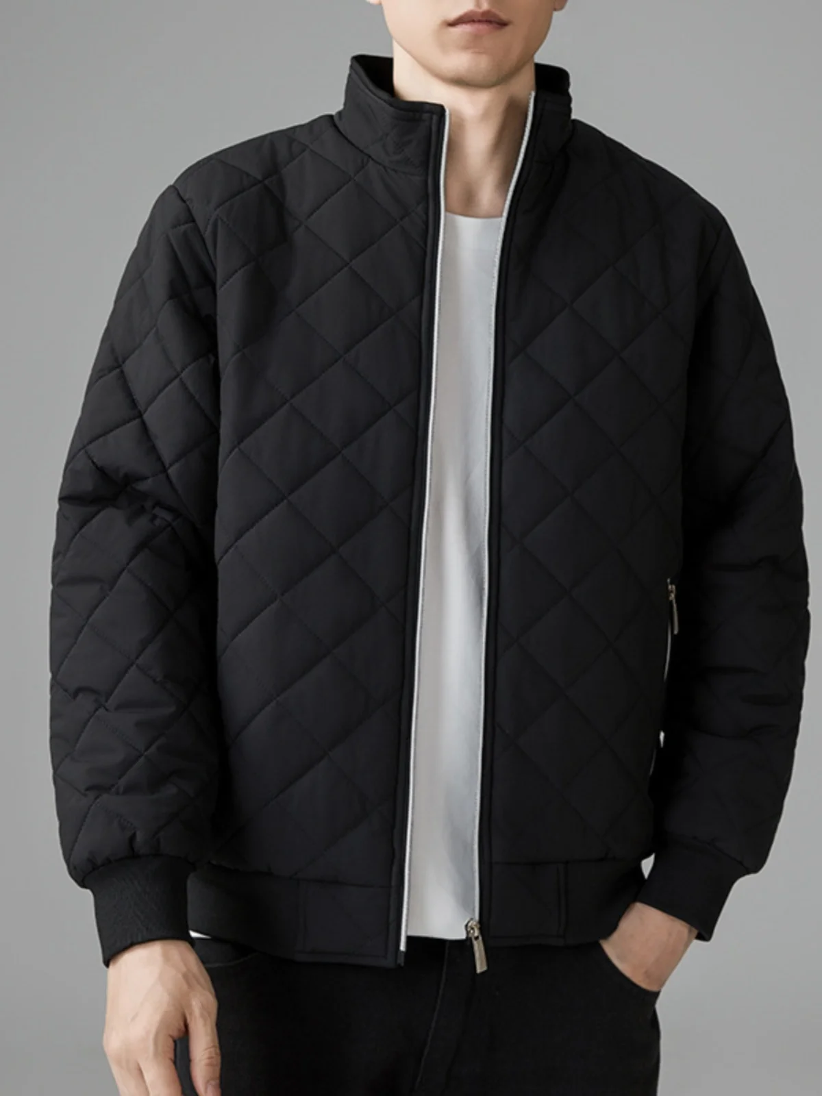 

Men's Quilted Jaet with Fce Long Sve Thiened Cotton Coat id Pattern Youth Sle Warm Zipper Closure Casual Coat