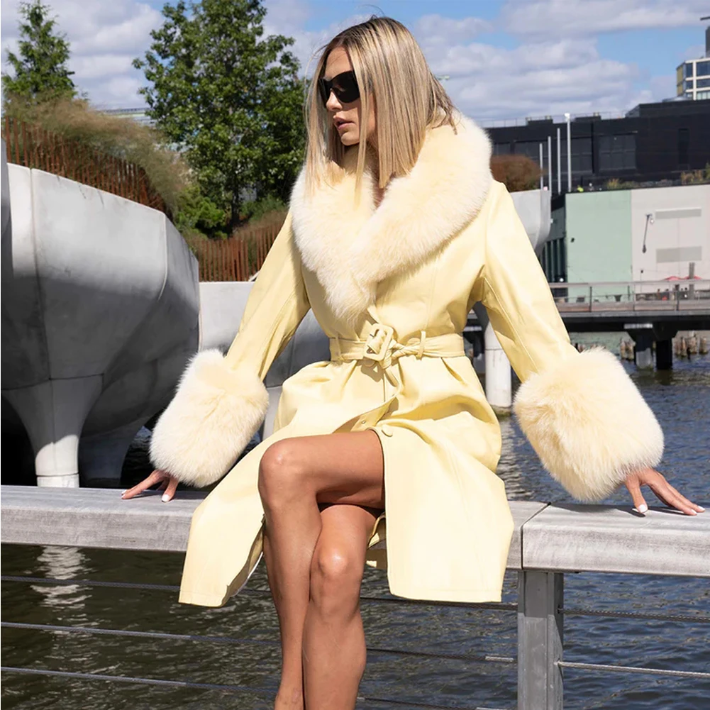 Denny&Dora Yellow Long Genuine Leather Coat Plus Size Coat Women Real Fox Fur Collar Trench