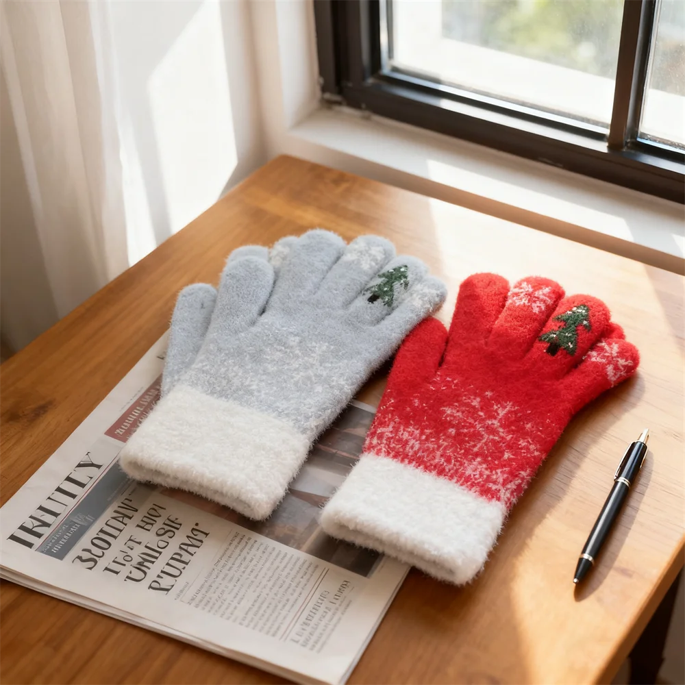 イミテーションミンクスノーフレーククリスマスグローブ冬厚く暖かいホリデーギフトニットグローブタッチスクリーン男性と女性用
