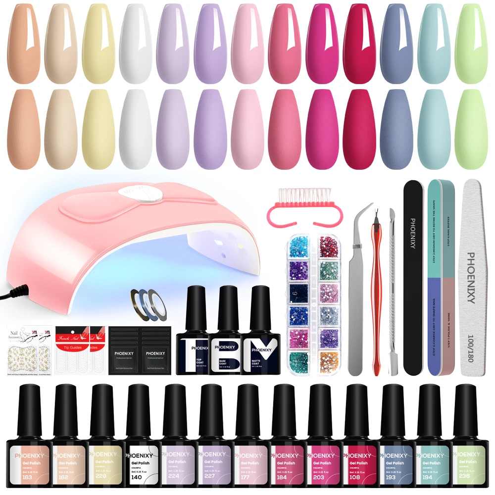 

Phoenixy Gel Nail Polish with Lamp Kit Semi Permanent UV Gel Varnishes 54W UV LED Dryer Lamp Complete Nail Art Design Tools Set