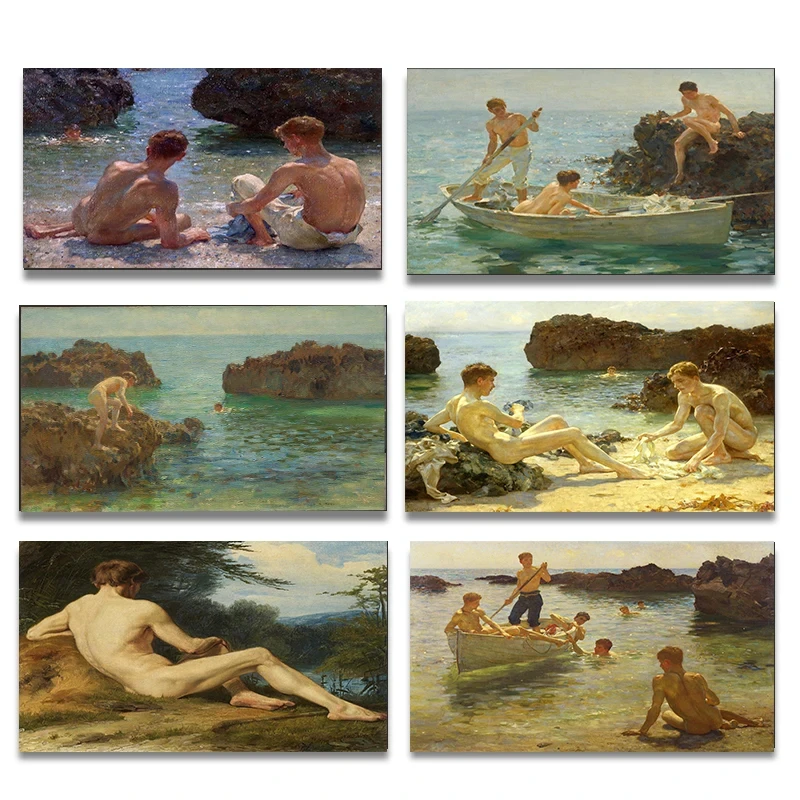 Vintage Gay Two Man Beach Side Naked body Poster Print Wall Art Pictures Canvas Painting Living Room Bedroom Home Decor Gift