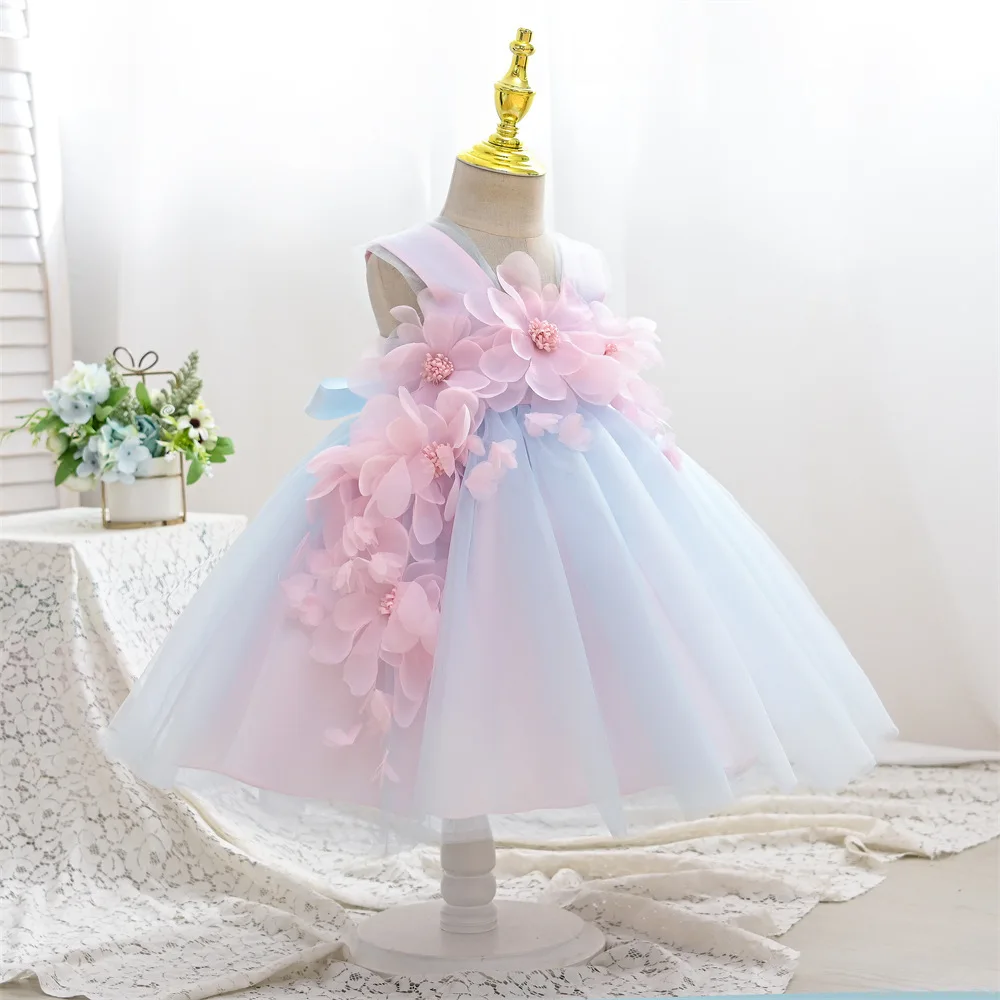 Light Blue Flower Girl Dresses 3D Floral Princess Ball Gown For Kids Birthday Party First Communion Dress