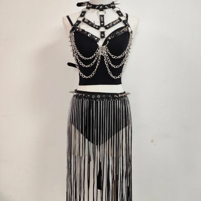 European American Punk Rivet Chain Corset Leather Women's Vest Gothic Dark Design Tassel Skirt Stage Performance Sets Ladies