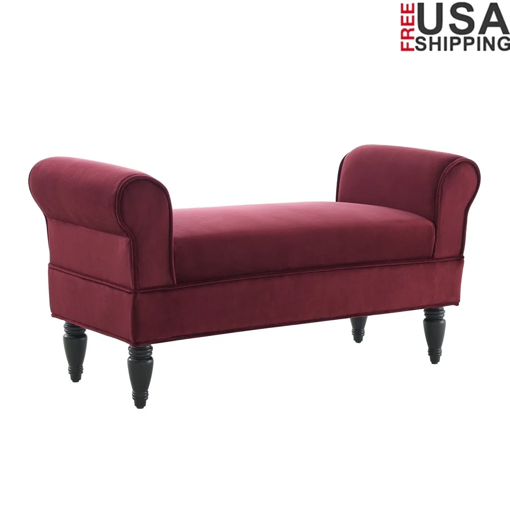 

Upholstered Bench with Rolled Arms Indoor Seating Living Room Bedroom Entryway Dark Mahogany Finish Berry Fabric Cushioned