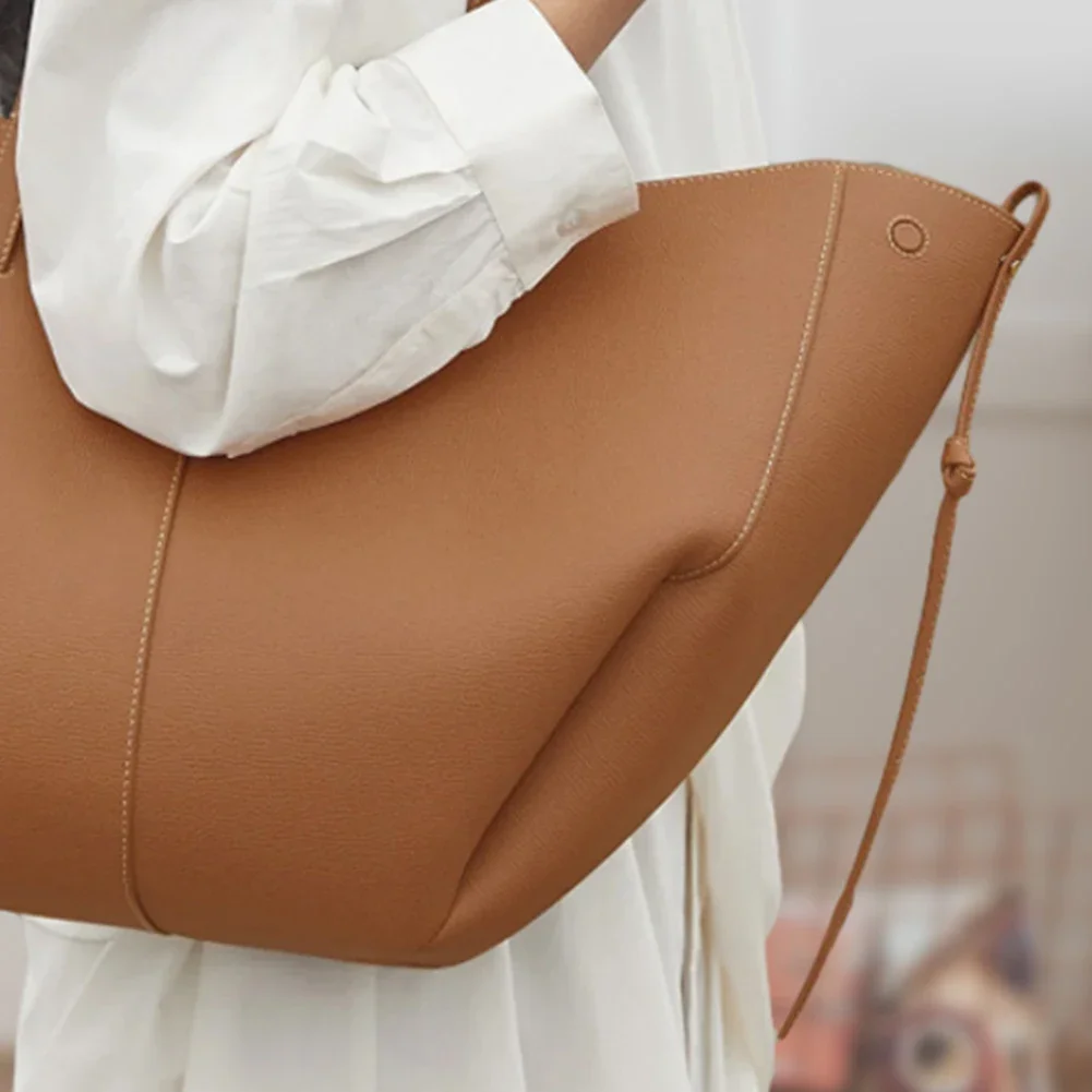 Women Vintage Shoulder Bag Large Capacity Solid Color Bag PU Leather Leisure Bag with Matching Clutch Set