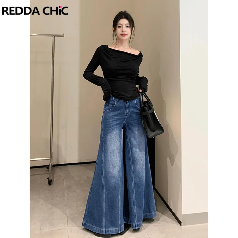 

REDDACHiC ICON Women Bootcut Baggy Jeans Vintage Wash Solid Whiskers Patchwork A-line Colossus Flare Jeans Y2k Grunge Streetwear