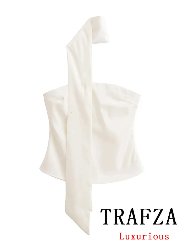 

TRAFZA Vintage Chic Women Tops White Solid Sleeveless Zipper Scarf Short Slim Vest New Fashion 2024 Autumn Female Holiday Tops