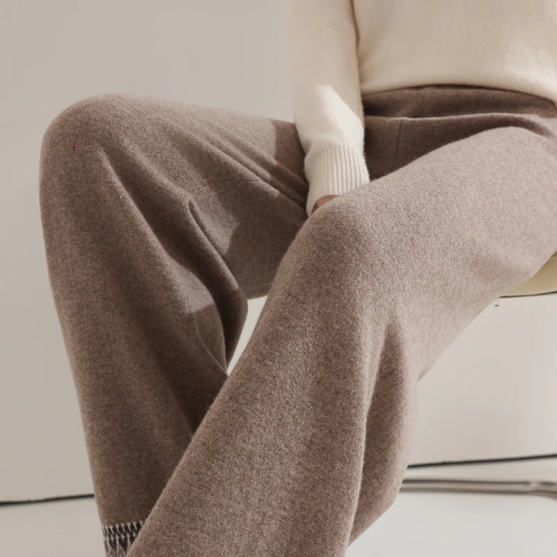 Pantalon en cachemire épais pour femme, jambes larges, décontracté, ample, torsadé, fleur, 100% laine mérinos, tricot populaire, automne et hiver