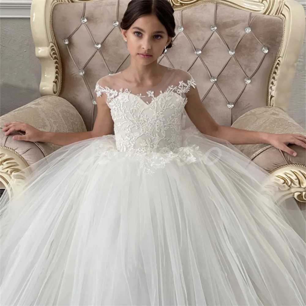 

Tulle Puffy Flower Girl Dresses For Wedding Party Princess Lace Appliques Ball Gown Kid First Communion Gowns