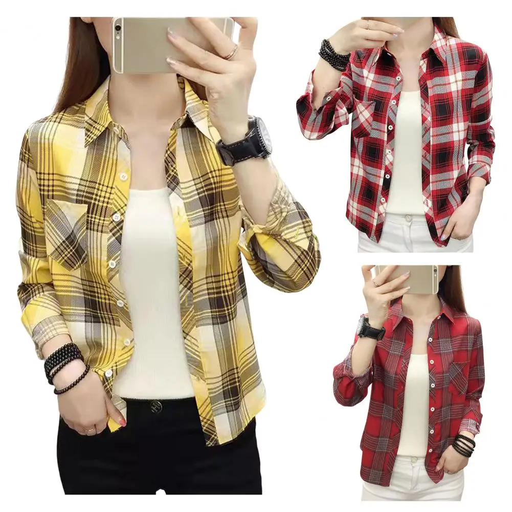 Women Shirt Lapel Long Sleeve Single Breasted Shirt Tops Patch Pockets Plaid Print Blouse Casual Style Shirt Coat 체크 블라우스