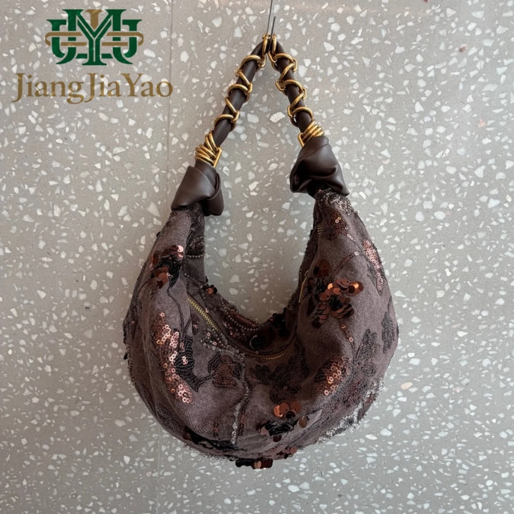 

2026 Adult Retro Sequin 3D Embroidered Denim Shoulder Bag New Underarm Hornbag Women's Large Capacity Crescent Bag