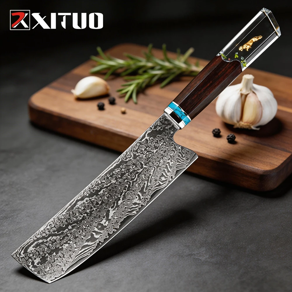 

XITUO 7" Nakiri Knife Japanese VG-10 Damascus Steel, Razor Sharp Asian Vegetable & Meat Chopper, Ergonomic Resin & Wood Handle