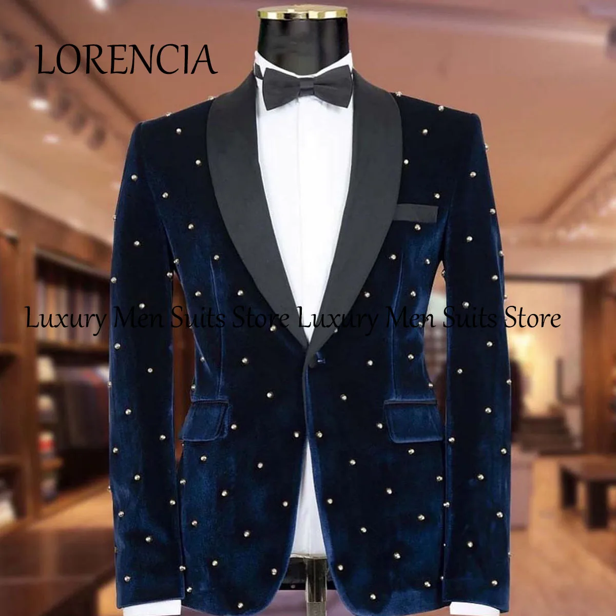 Pearls Velvet Men Suits Luxury Beads Crystal Groom 2 Pieces Sets Wedding Tuxedo Male Prom Party Blazers Double Costume Homme