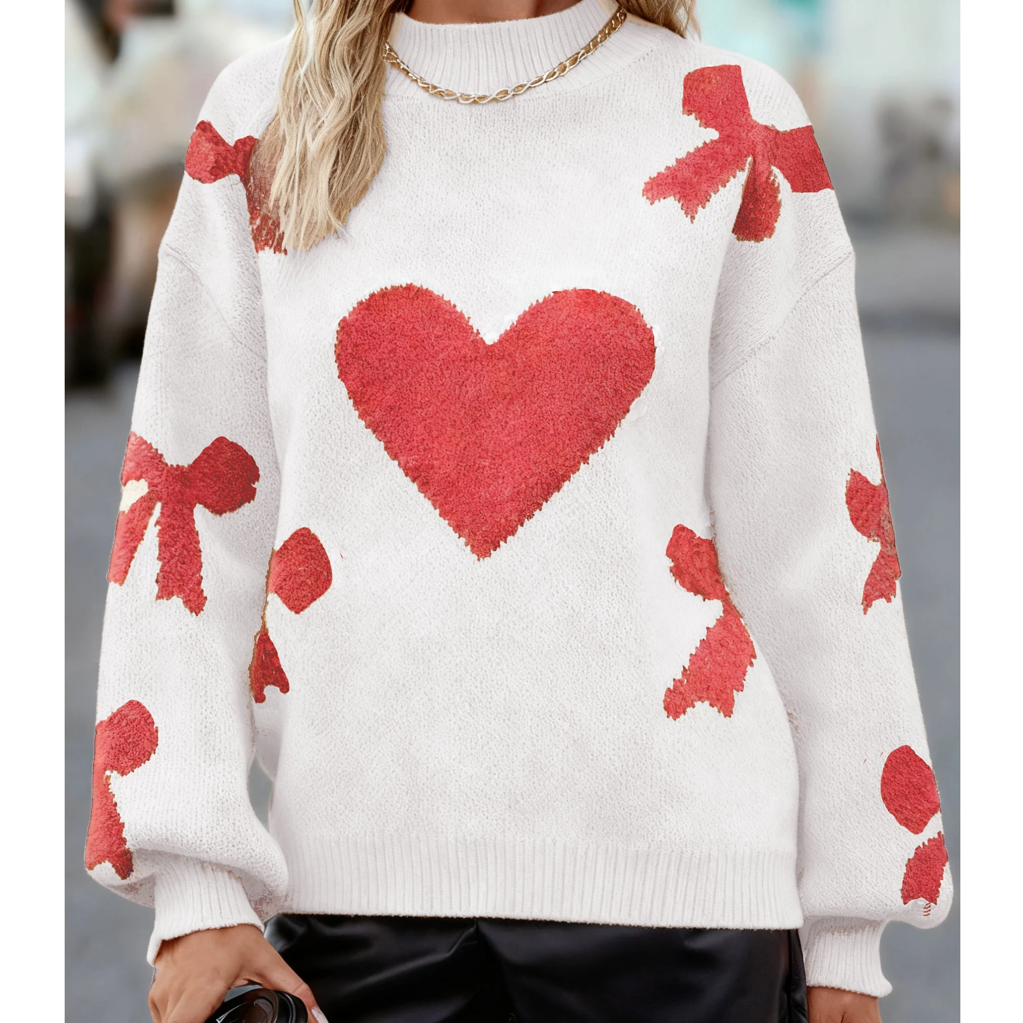 เสื้อไหมพรมคุณภาพพรีเมียมสำหรับผู้หญิง วันวาเลนไทน์ แขนยาว คอเต่า แต่งโบว์ลายหัวใจ ผ้าถักลายแจ็คการ์ด