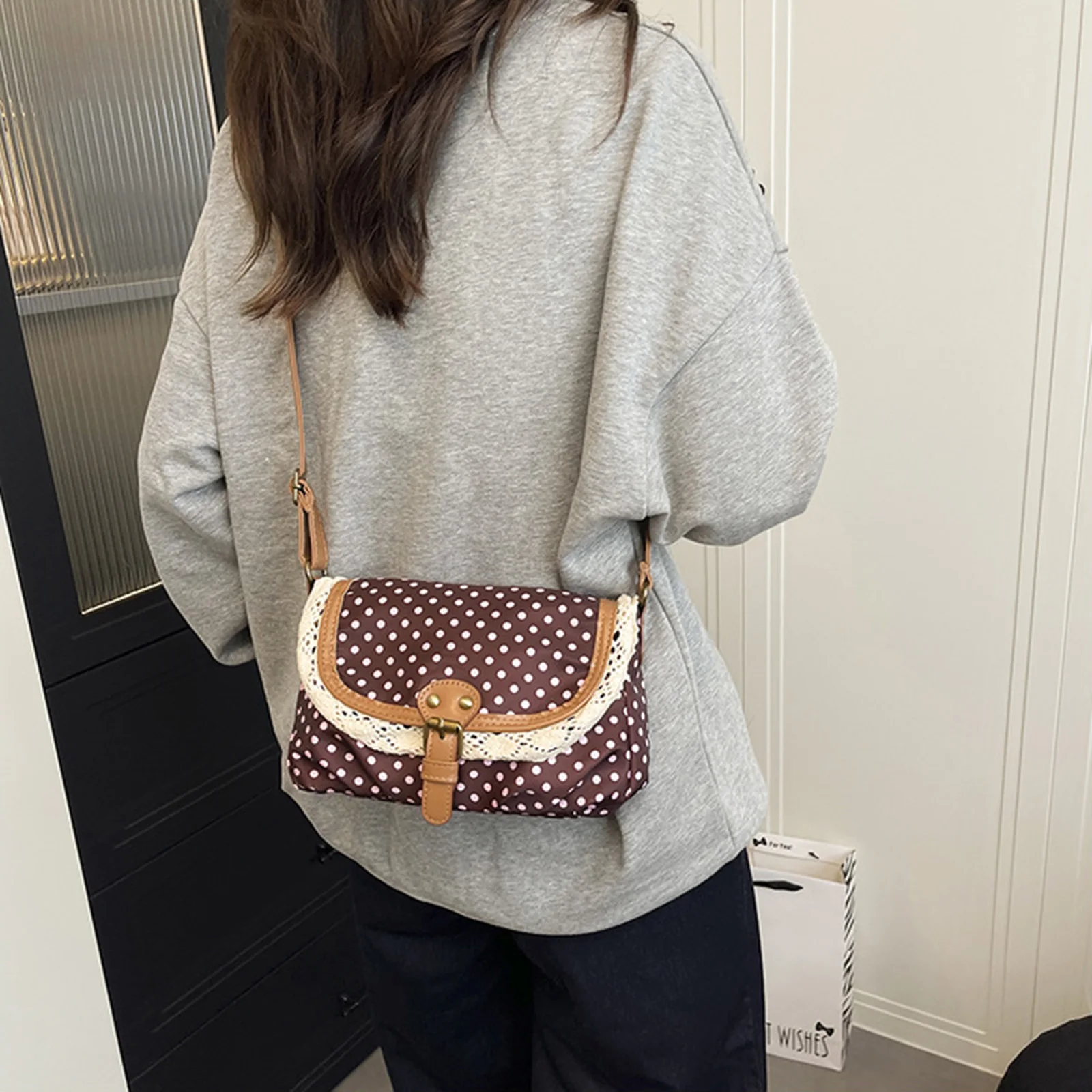 

Женская сумка через плечо с кружевной отделкой в горошек, квадратный кошелек на плечо с регулируемым ремешком для повседневной работы, путешествий