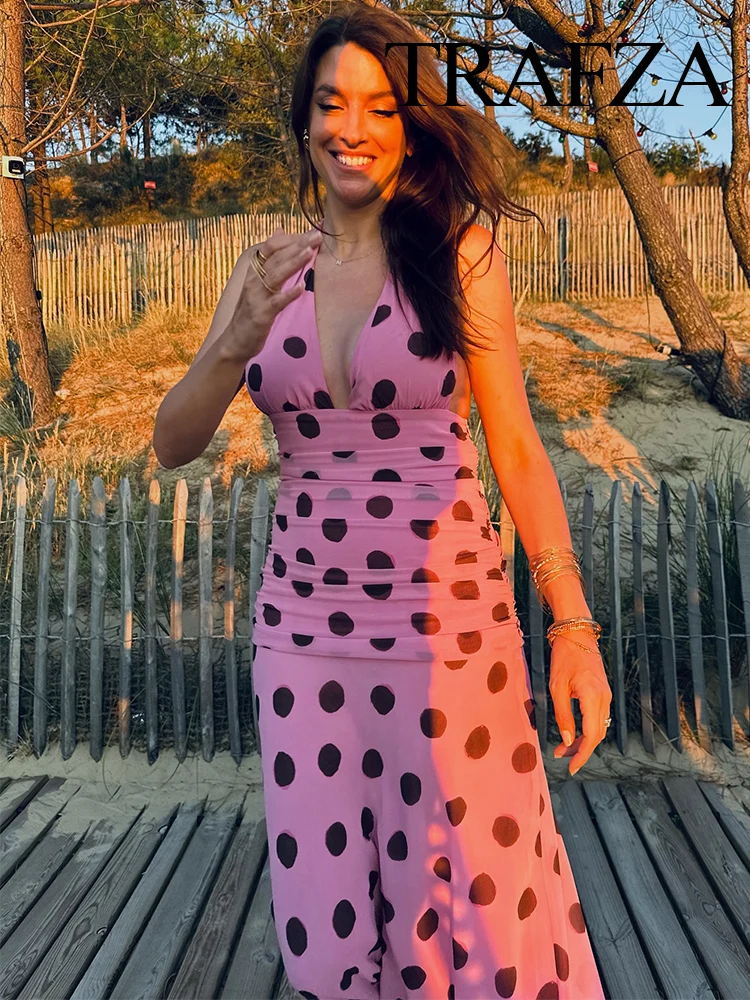 

TRAFZA Women Summer Fashion Halter Neck Sexy Backless Lace-up Polka Dot Long Dress Female Elegant Pleated Slim Sleeveless Dress