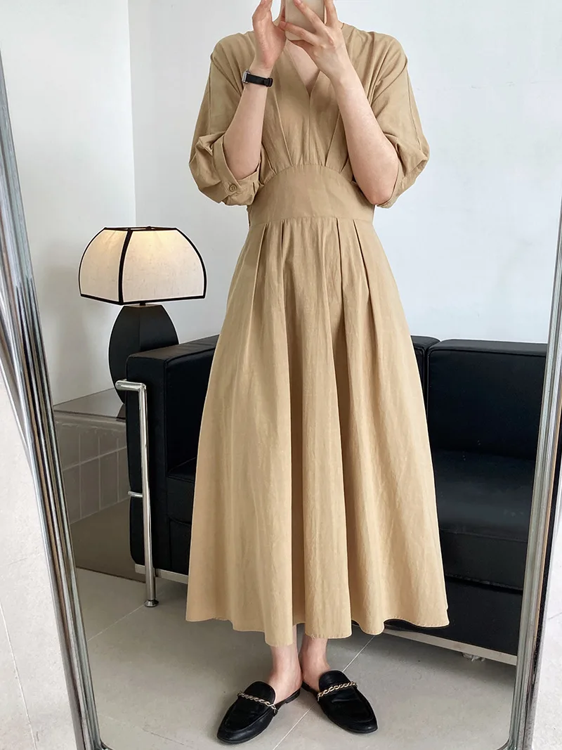 

2023 Spring Summer Dress Women Elegant V-Neck Party Dress Solid Half Sleeve Vestido Femme Casual Slim A-Line Cotton Linen Dress