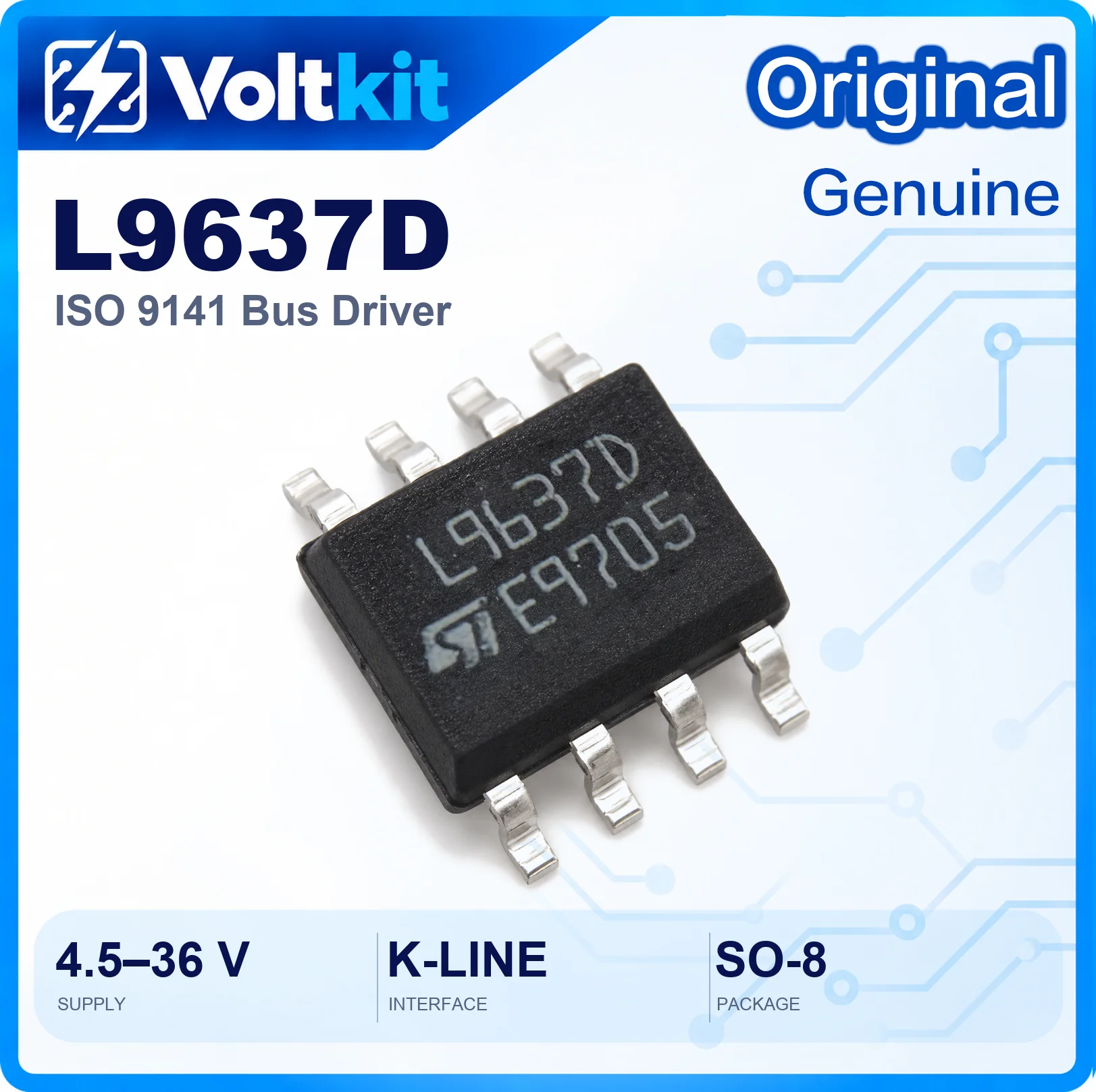 5PCS L9637D L9637D013TR L9637 SOP-8 ISO 9141 K-Line Bus Transceiver Interface IC for Automotive OBD Diagnostics