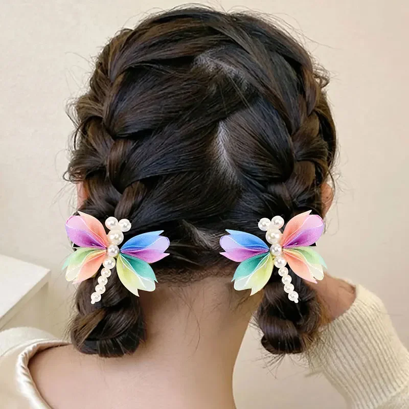 2Pcs Cute Pearl Butterfly Hair Clips para meninas Sweet Kids Hairpins Barrette Summer Headwear Acessórios para o cabelo Hair Ornament Clip