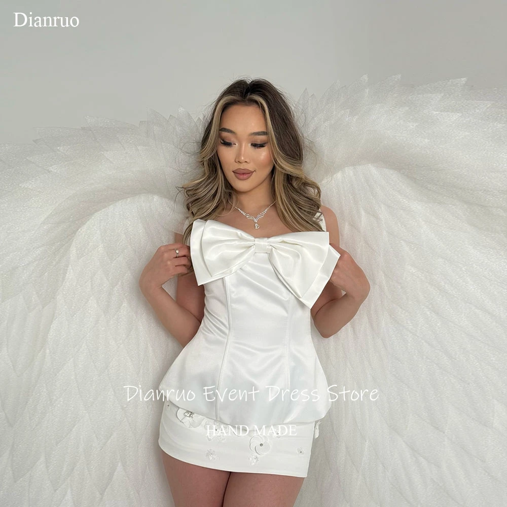 

Dianruo Satin Oversize Bow Prom Gowns Fashionable 3D Flowers Sparkly Wedding Dresses 2026 Short Homecoming Dresses Customized