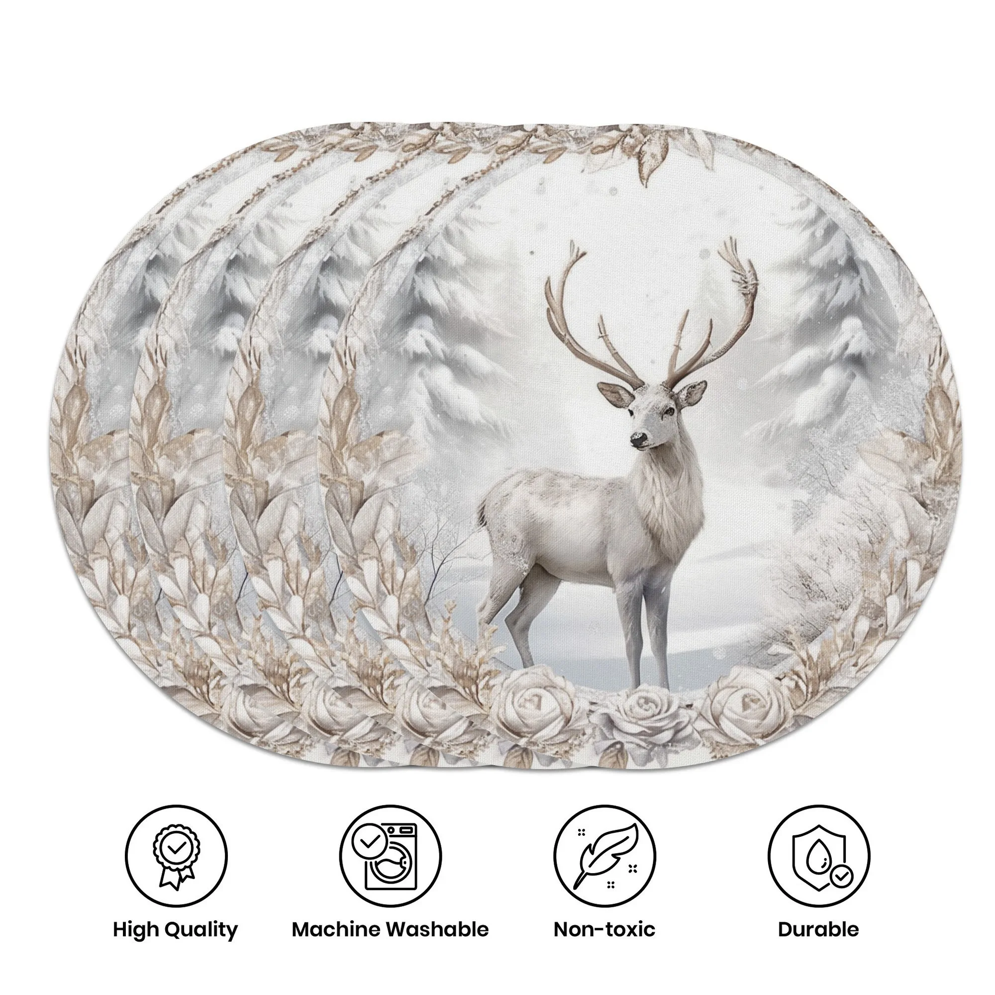 2/4/6/8Pcs Christmas Reindeer Round Placemats, Polyester Material, Winter Round Table Mats, Home Decoration, Non-Slip and Washable, Suitable for Daily and Holiday Kitchen Banquets and Party Table Decorations