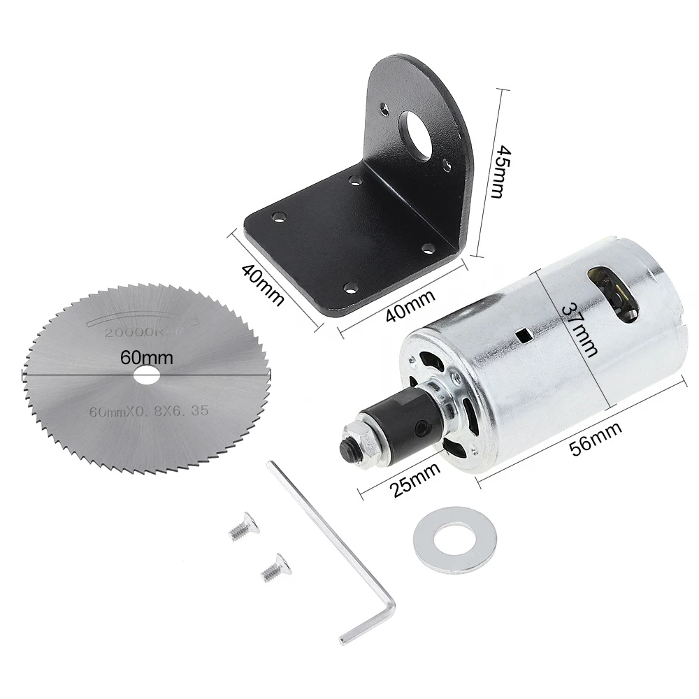 24V 555 Motor Table Saw Kit Gear Motor with Ball Bearing Mounting Bracket and 60mm Saw Blade for Woodworking Cutting / Engraving