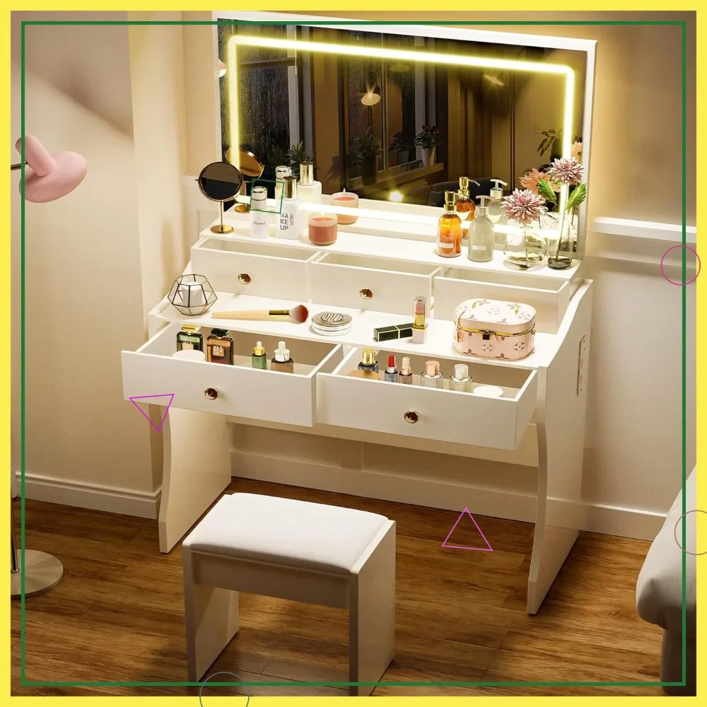

LED Makeup Vanity Desk with Mirror, 5 Drawers & Charging Station, Pearl White