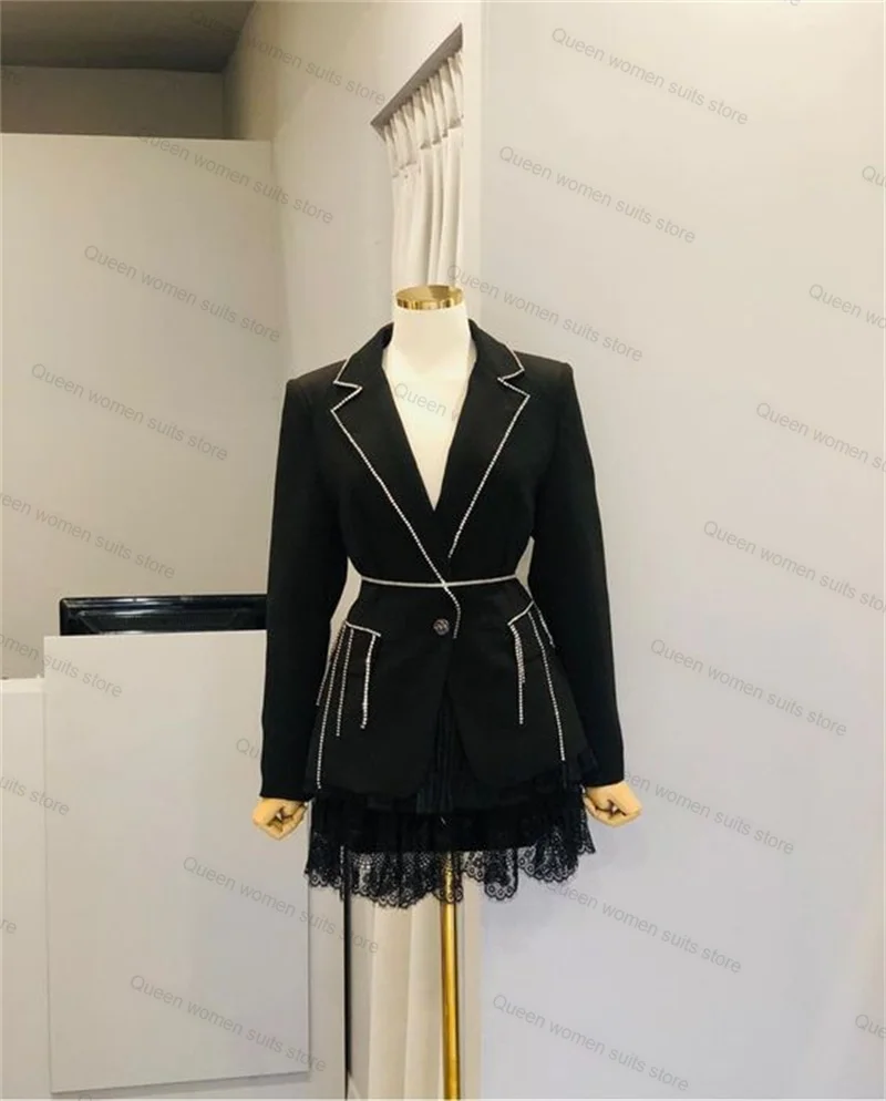 Setelan jas wanita warna hitam, setelan jas wanita warna hitam, Blazer Kristal + gaun Prom renda, tuksedo pernikahan, lengan panjang 2 potong, jaket Formal, mantel pesta