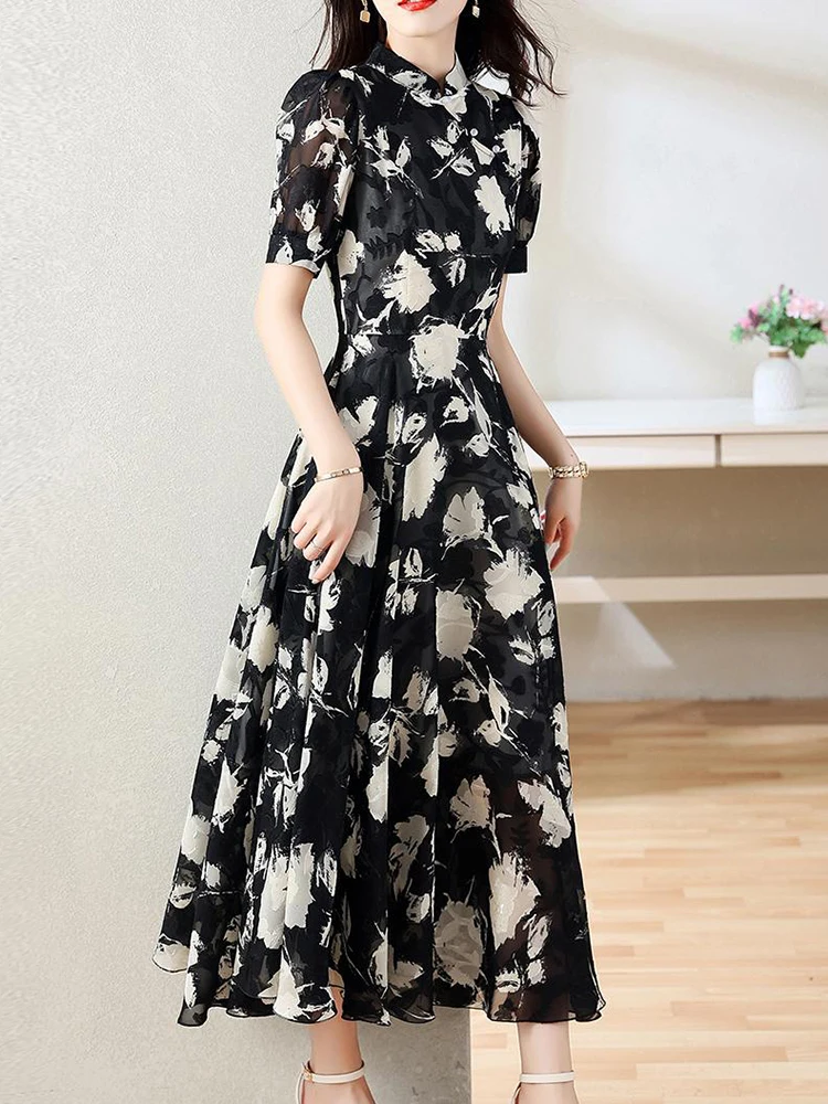 Imagem -05 - Vestido Maxi Floral Preto de Chiffon Feminino Bodycon Casual Coreano Vintage Elegante Festa Luxo Noite Midi Verão 2023