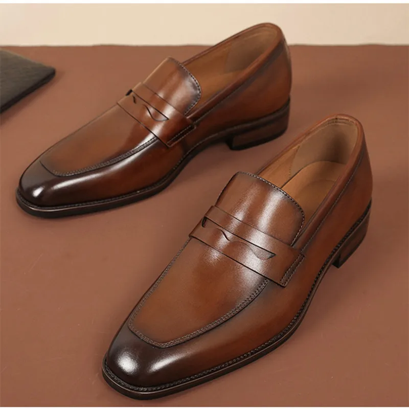 Zapatos de negocios formales para hombre, mocasines de piel auténtica hechos a mano, sin cordones, con punta estrecha, para boda