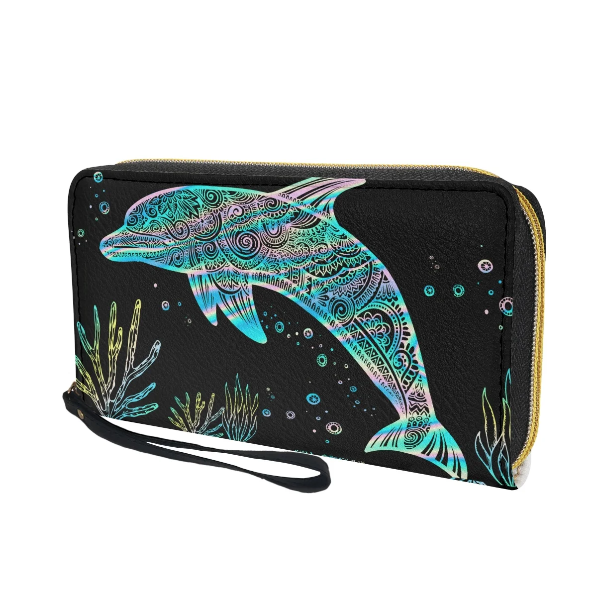 Personalized Dolphin Design Long Wallet Birthday Gift New Fashion Clutch Custom DIY Tote Bag Ladies PU Leather Wristband Wallet