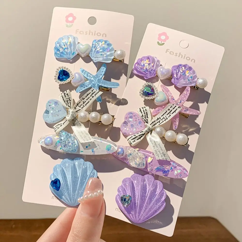 

5pcs/set Cute Starfish Seashel Hair Clips Pearl Ocean Series Bang Clip Fine Flash Gift Barrette Hair Accessories