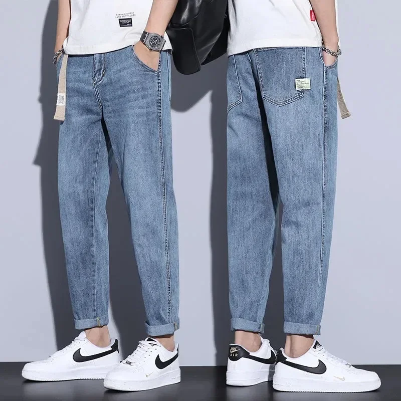 ジーンズ男性ハーレムパンツストレッチミッドウエストユーズド加工ウォッシュポケットストリートストレート足首丈ズボン基本デニム 2025