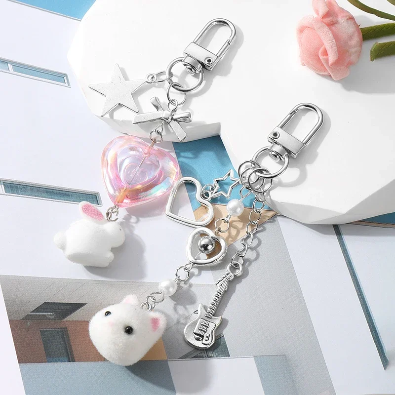 حساسة لطيف القط رئيس حقيبة سحر المفاتيح الفضة نجمة سلسلة الحب أرنب رئيس ظهره هاتف محمول قلادة اكسسوارات هدية