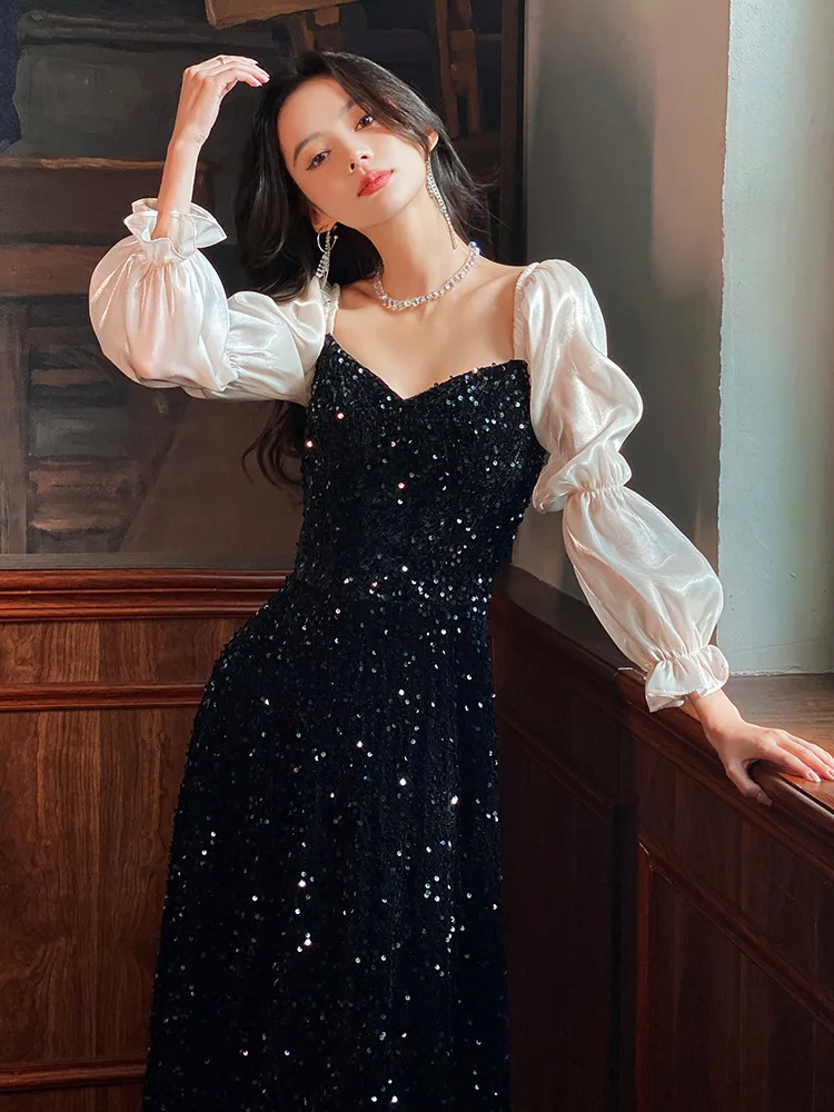 Women Elegant Black Sequin Evening Dress Mermaid Long Sleeve Sexy V-Neck Backless Birthday Payty Dresses