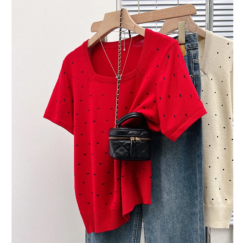 Oversized Summer Short Sleeve Dot Sweater Women Ice Silk Knit T-shirt Vintage Square Collar Loose Knitwear Tops M-4XL