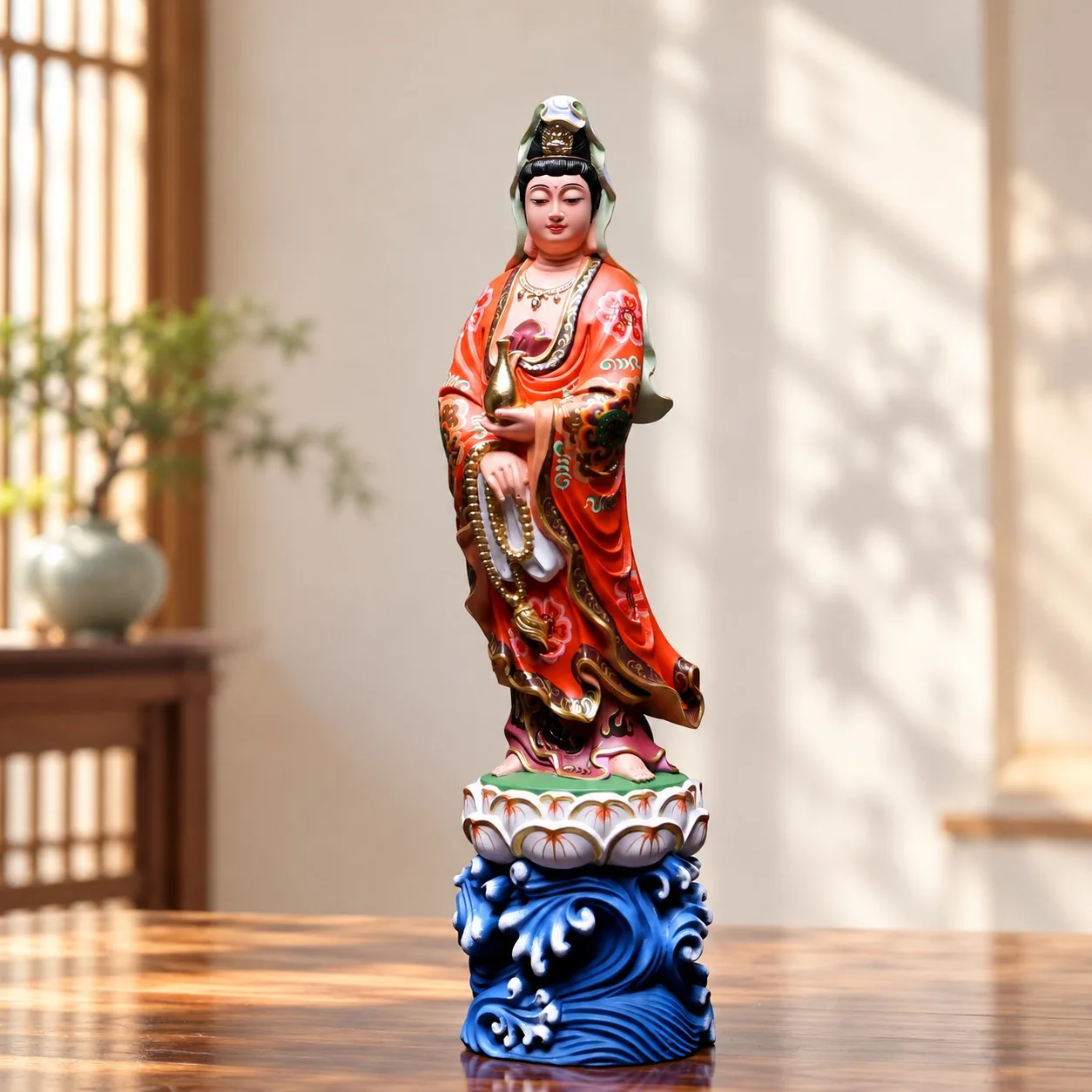 Hand Carved Gold Painted Wood Guanyin With Sacred Vase Statue Chinese Buddhist Temple Home Living Room Tabletop Decor Gift