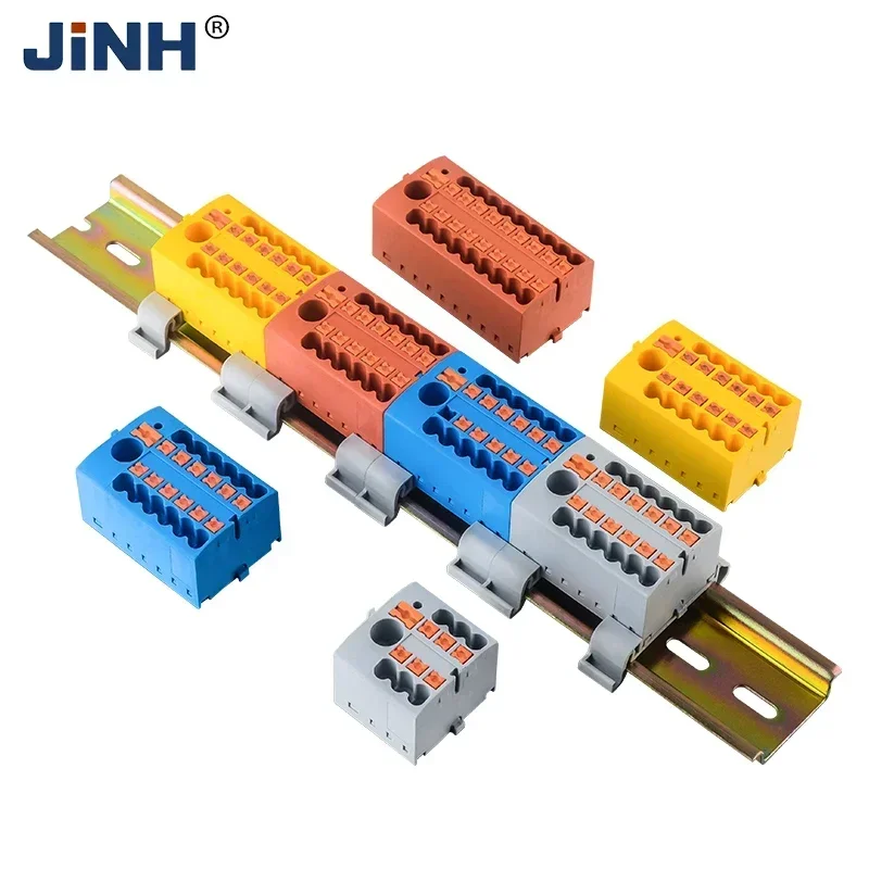 JINH PTFIX Series 2.5mm² Push-In DIN Rail Snap-On Distribution Block Tool-Free Expandable 2-19 Positions PA66 for Electrical