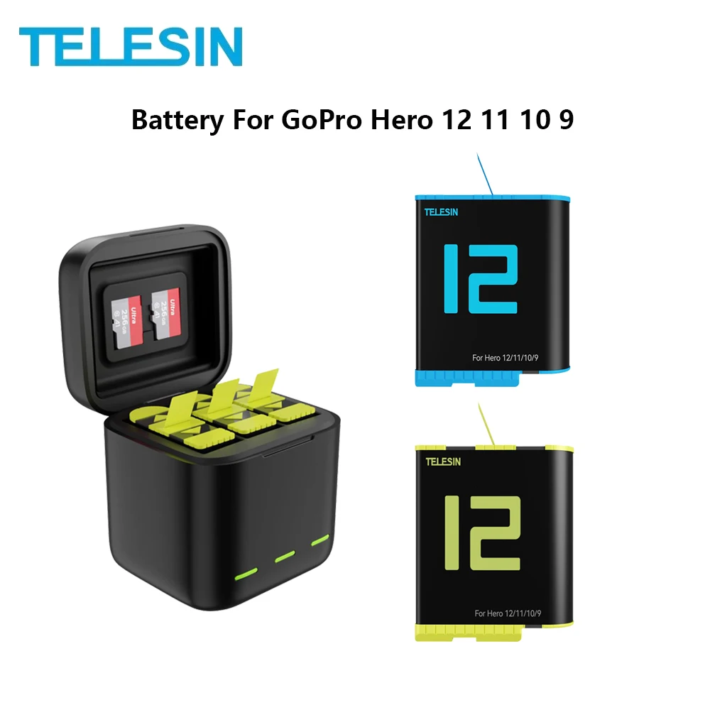 TELESIN 1750 mAh Battery For GoPro Hero 12 11 10 9 Charger Box TF Card Storage For GoPro Hero Action Camera accessories