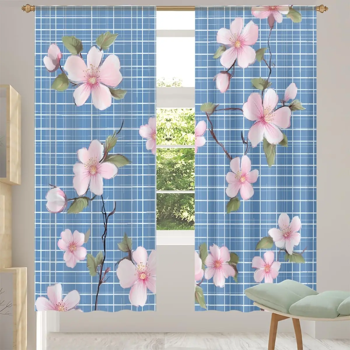 Pink Cherry Blossom Window Curtains,Blue Grid Plaid Background Floral Print Drapes,Fresh Pastoral Style Decor for Bedroom Living