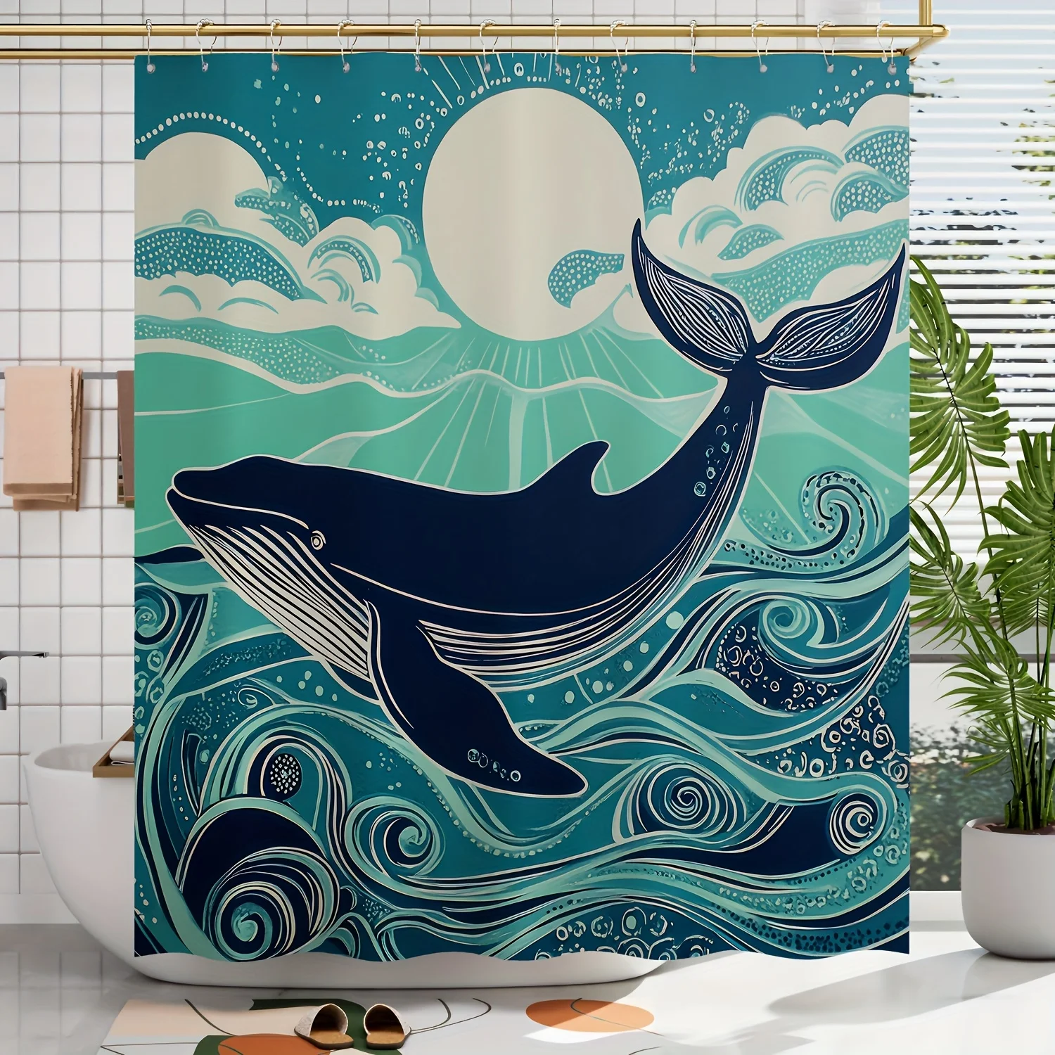 

1 шт., занавеска для душа с цифровым принтом океанского кита, украшение для ванной комнаты, домашний декор, с крючками, можно стирать в машине, четыре сезона