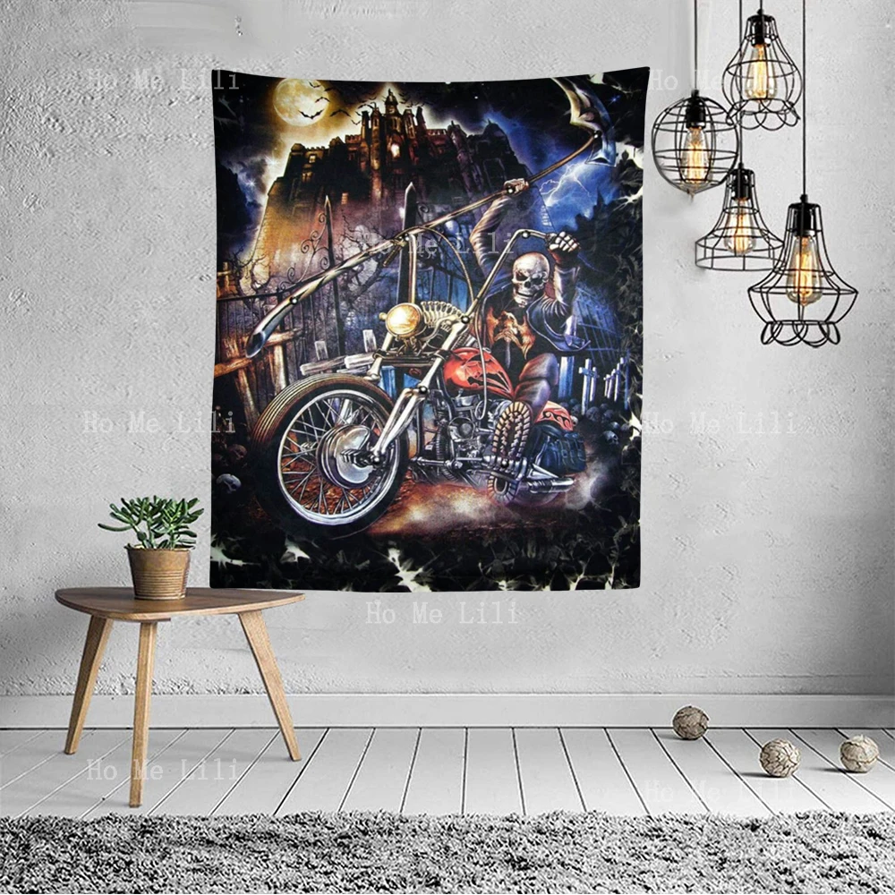 A Skeleton On A Motorbike Outside The Castle On Halloween Horror Night Tapestry For Bedroom Decor