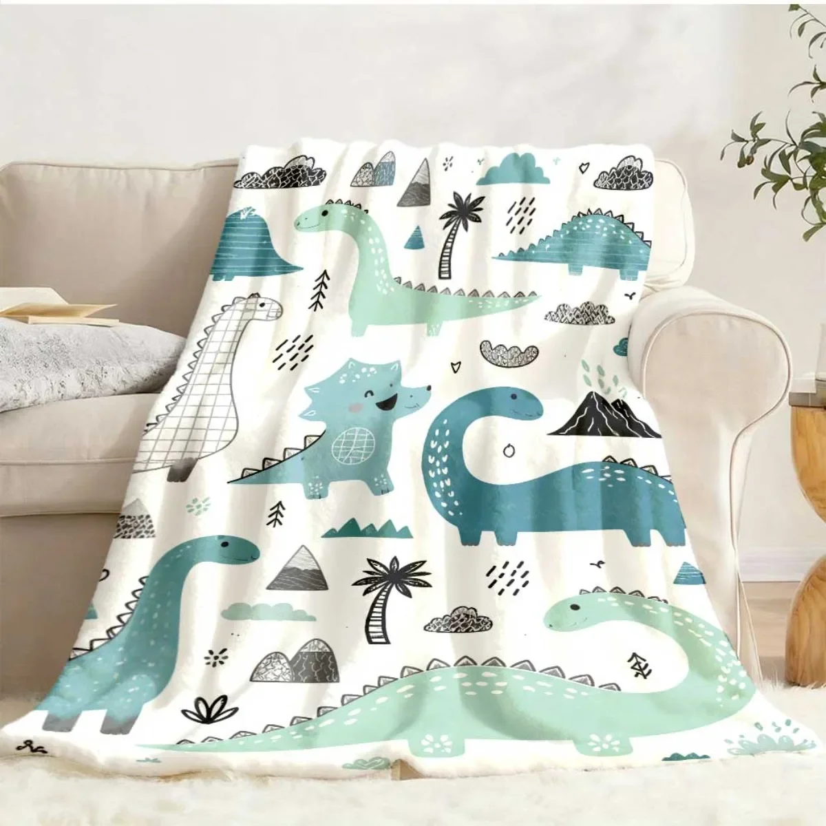 1pc Cute Blue Green Dinosaur Fabric Trending Now Flannel Fleece Blanket Lightweight Soft Absorbent Oversized Plush with Strong W