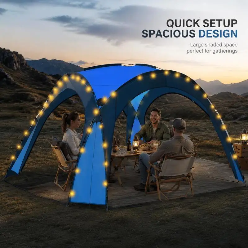 Partyzelt mit LED-Beleuchtung und 4 Seitenwänden, 3,6 x 3,6 x 2,3 m, blau. Robuster Stahlrahmen bietet stabile Unterstützung für Gartenpicknicks, Camping-Events und temporäre Outdoor-Lounges.