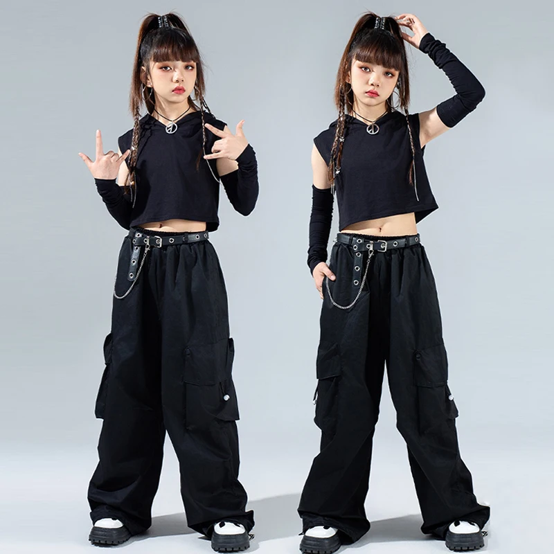 Black Cool Girls Street Dance Fanshion Clothes Kids Jazz Modern Performance Suit Hip Hop Clothing Kpop Stage Wear Summer VDL1022