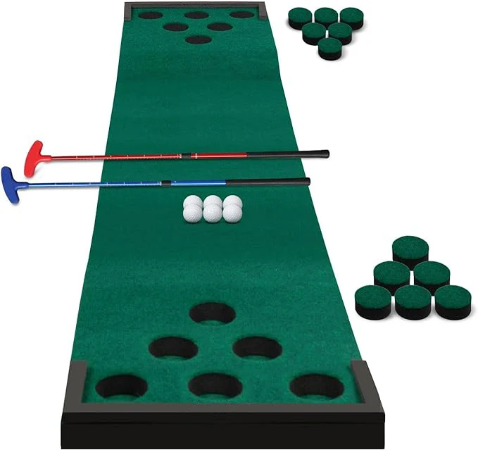 

Outdoor Putting Green Set with Mini Golf Course Golf Beer Mat 2 Putters & 6 Balls Double Golf Game