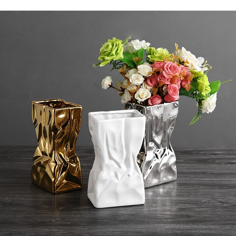 Electroplated Wrinkled Ceramic Vase Room Foyer Decor Art Ornaments Light Luxury Modern Home Tabletop Flower Arrangement