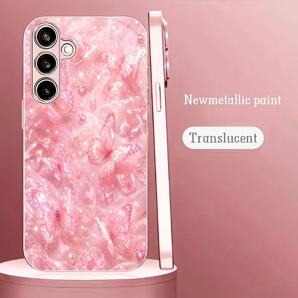 Pink crystal butterfly Fashion Exquisite HD glass phone case for Samsung Galaxy S26 S25 S24 S23 S22 FE,Ultra,Plus Dropresistant