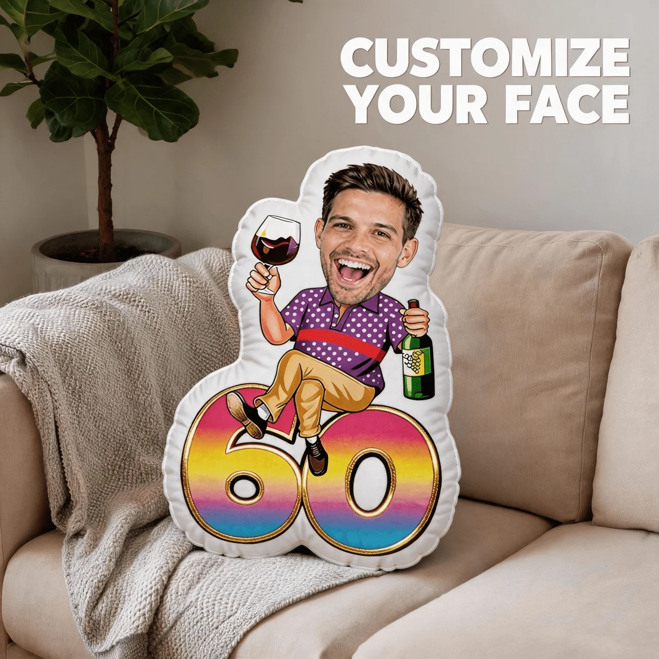 Custom Photo Face Shaped Pillow, Funny Man Holding Wine Bottle on Number 60 Decorative Cushion, Personalized Photo Gift for Husb