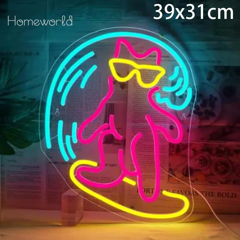 

Cat Surfing Neon Sign For Wall Decor Cool LED Lights Room Decoration For Bedroom Bar Beach Party Gym Sport Game Swimming Club